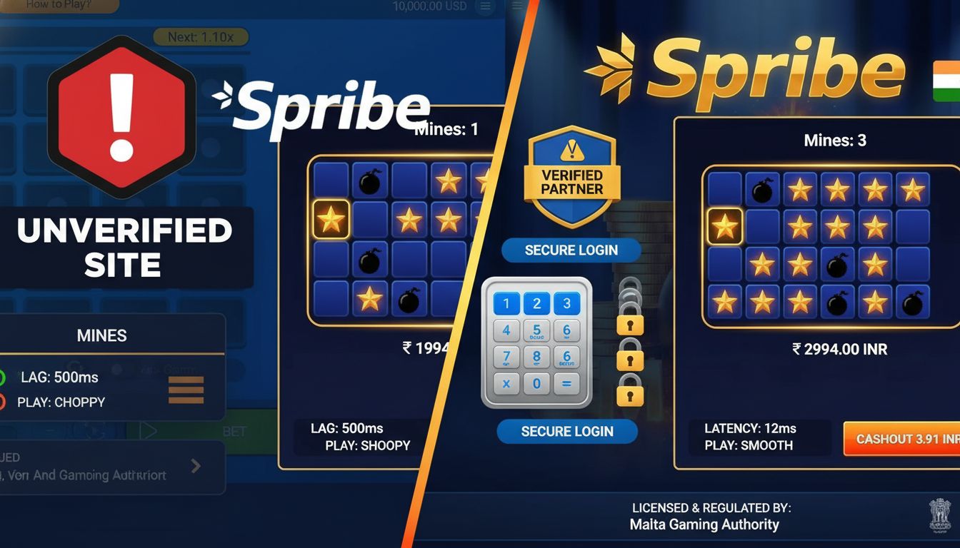 A genuine online casino with Spribe branding, secure login indicators, and contrast to fake site warnings
